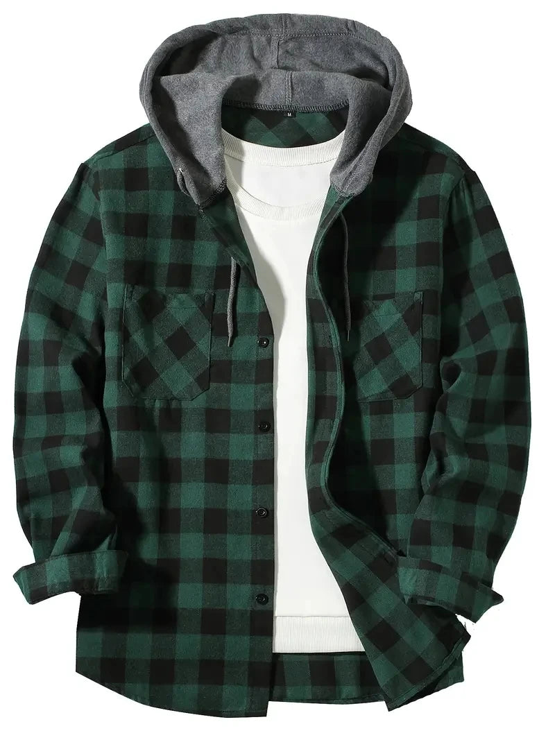 Men's Hooded Plaid Flannel Shirt - Slim Fit Shacket Jacket