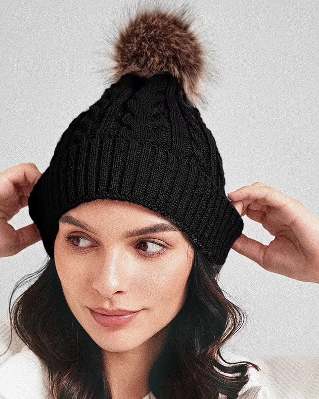 Plush-Pom Knit Flap Beanie for Women