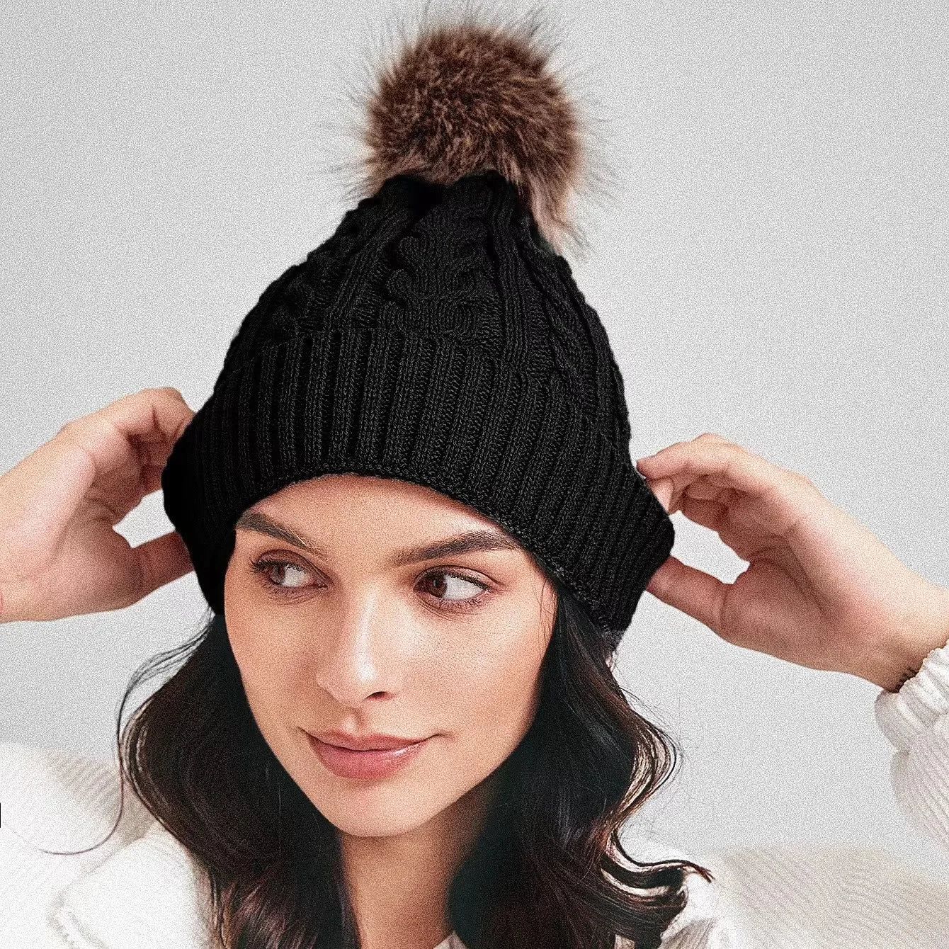 Plush-Pom Knit Flap Beanie for Women