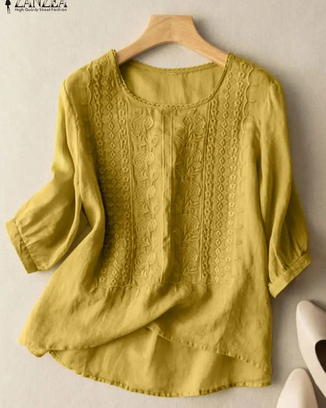 Vintage Lace Crochet Blouse – Elegant 3/4 Sleeve Embroidered Top