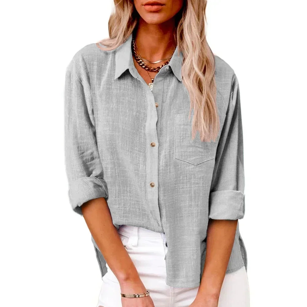 Women’s Long Sleeve Cotton-Linen Shirt-HighTouch