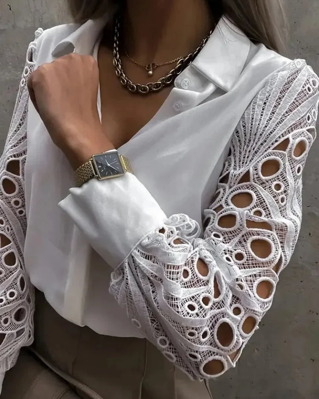 White Lace Hollow-Out Long Sleeve Blouse – Vintage Button-Up Elegance