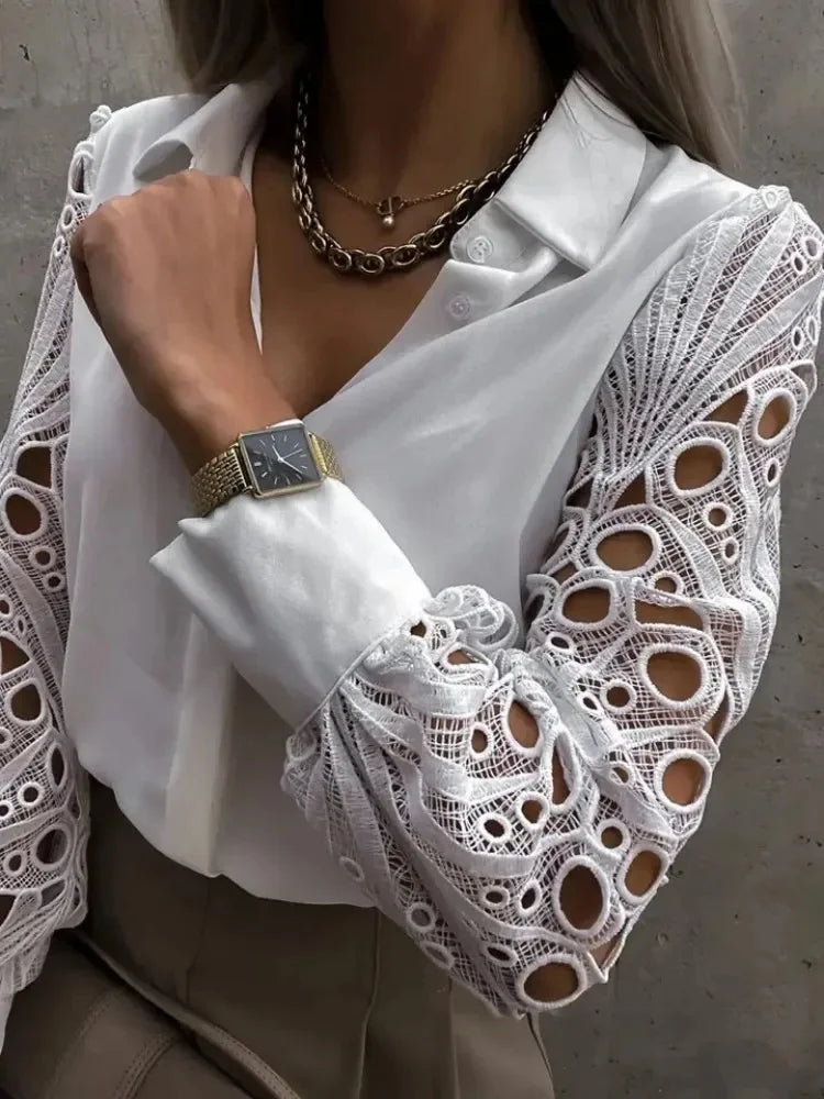 White Lace Hollow-Out Long Sleeve Blouse – Vintage Button-Up Elegance
