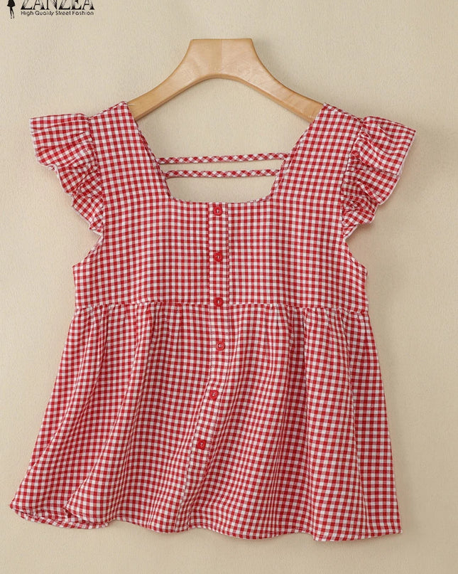 Plaid Ruffle Sleeveless Tunic – Women’s Summer Square Neck Camisole