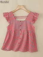 Plaid Ruffle Sleeveless Tunic – Women’s Summer Square Neck Camisole-HighTouch