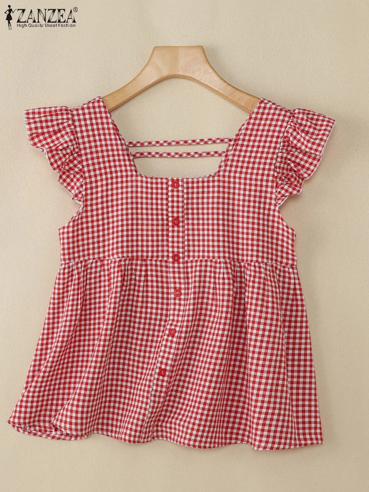 Tunica senza maniche con volant a quadri – Canottiera estiva da donna con scollo quadrato