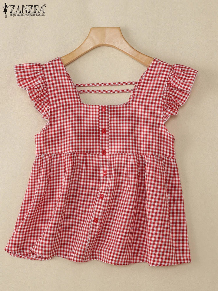 Plaid Ruffle Sleeveless Tunic – Women’s Summer Square Neck Camisole-HighTouch