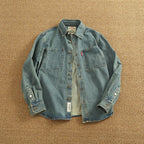 Retro Heavyweight Denim Cargo Shirt Men Cotton Washed Overshirt Jacket-HighTouch
