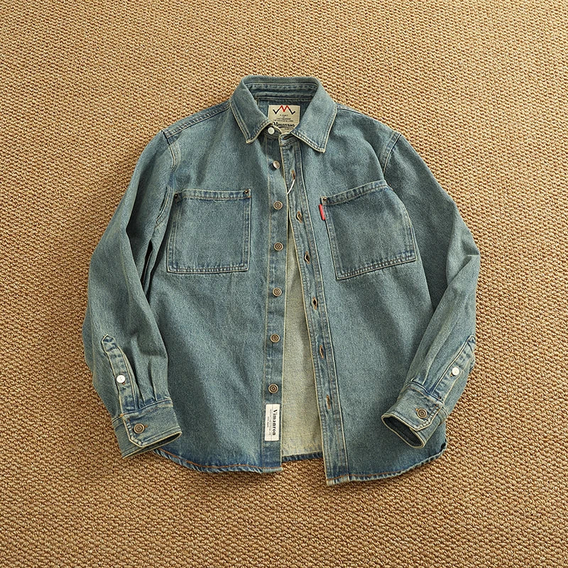 Retro Heavyweight Denim Cargo Shirt Men  Cotton Washed Overshirt Jacket