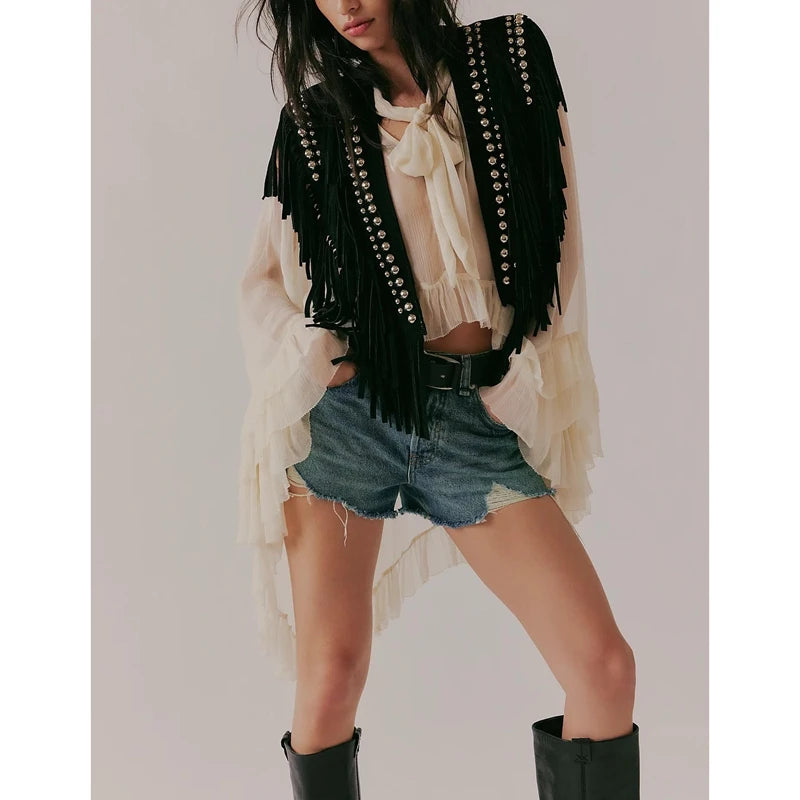 Vintage Studded Faux Suede Tassel Vest