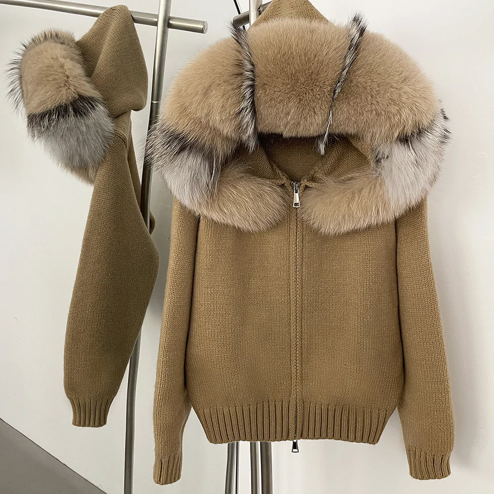Women’s Hooded Knit Cardigan with Real Fox Fur – Casual Short Coat-HighTouch