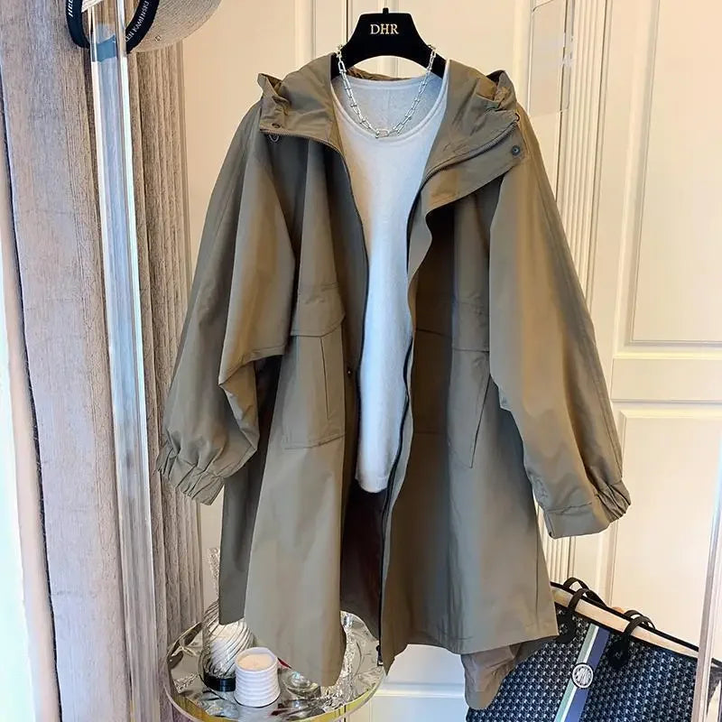 Loose Fit Hooded Trench Jacket Women-HighTouch