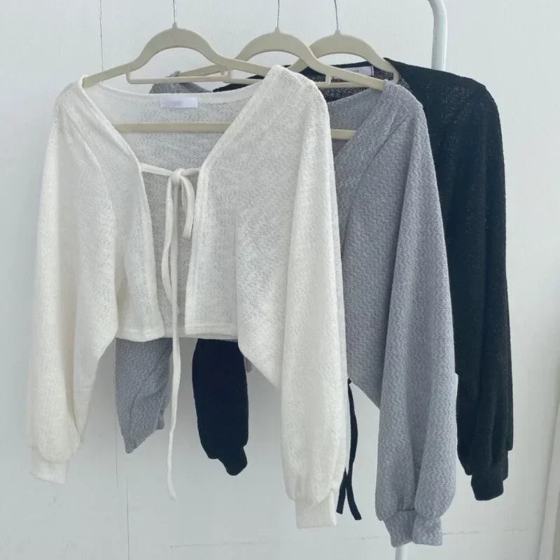 Breathable Lace‑Up Lantern Sleeve Cardigan – Summer Sunscreen Shawl