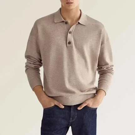 Solid Long Sleeve Men's Polo Shirt – Slim Fit Button Neck Pullover