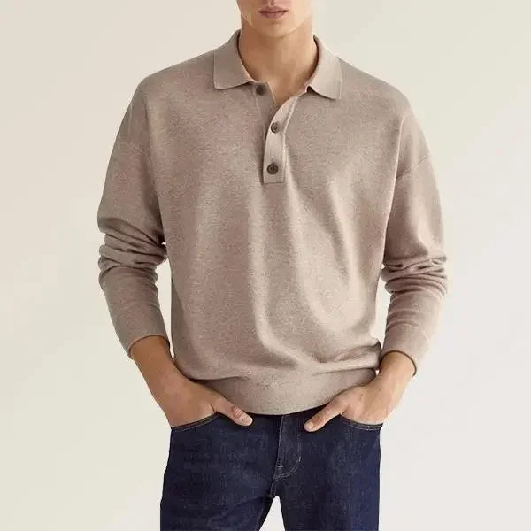 Solid Long Sleeve Men's Polo Shirt – Slim Fit Button Neck Pullover-HighTouch
