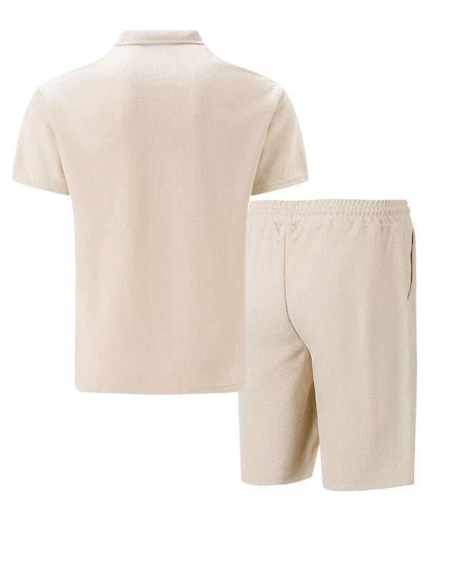 Men’s Summer Waffle Knit Zip-Up Lapel Short Sleeve Suit & Shorts Set