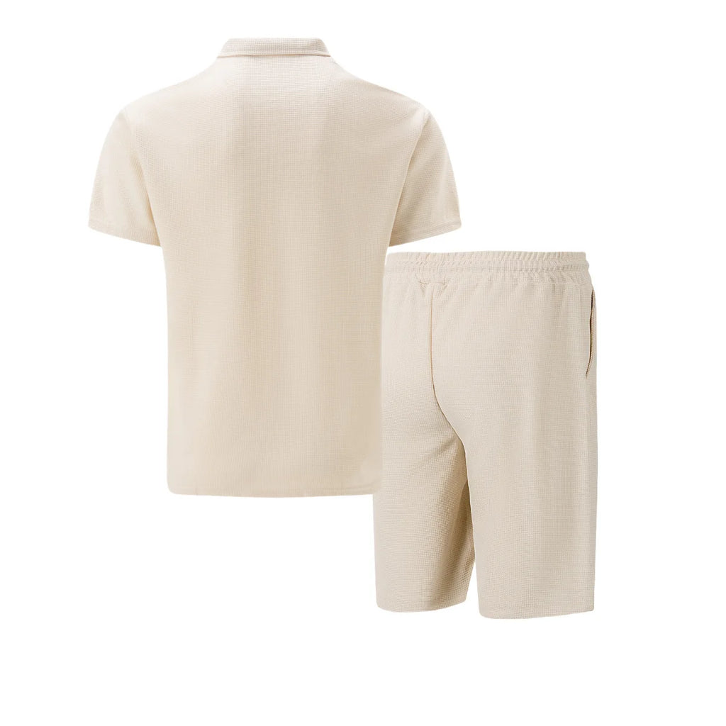 Men’s Summer Waffle Knit Zip-Up Lapel Short Sleeve Suit & Shorts Set-HighTouch