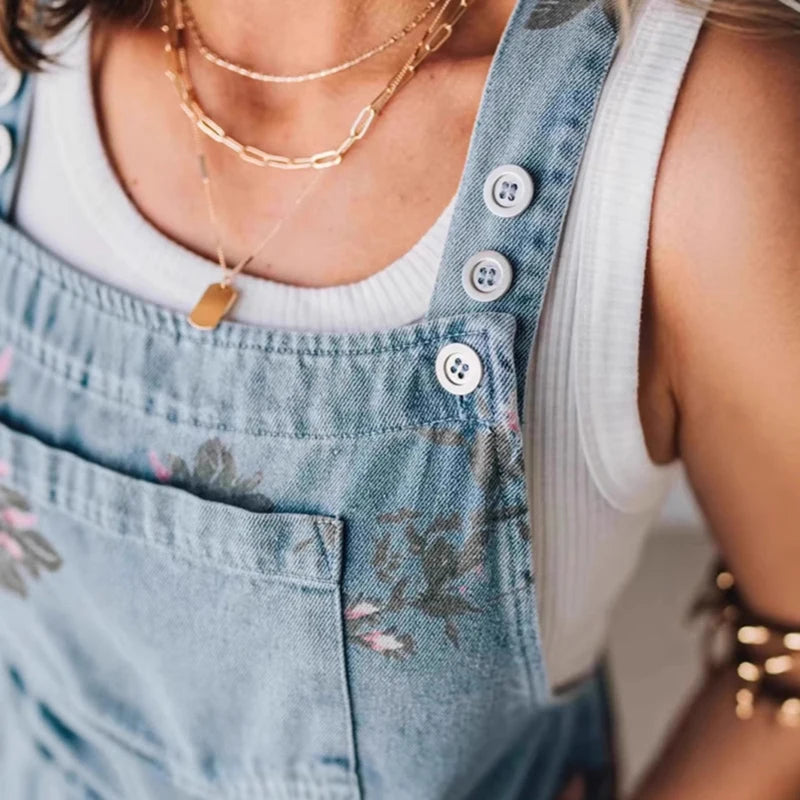 Retro Denim Button-Up Strappy Jumpsuit – Women’s Casual Pocket Overalls Romper