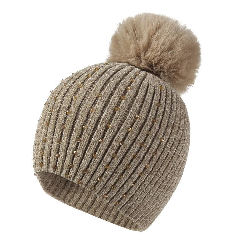Pearl & Rhinestone Pom Pom Beanie-HighTouch