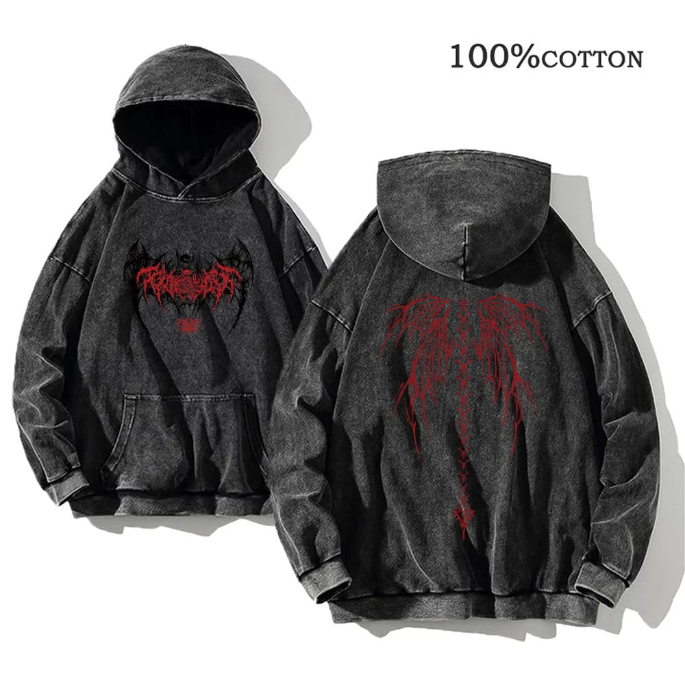 Y2K Washed Hoodies Vintage Cotton Women Men Skull Cross Print Hooded Sweatshirts Oversize Hip Hop Male Pullover Winter Clothes