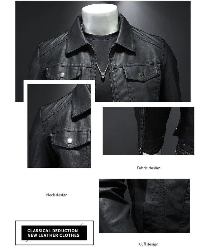 Men’s Lapel PU Leather Motorcycle Jacket