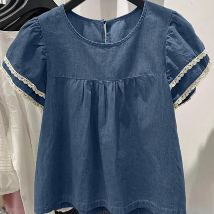 Zanzea Lace Patchwork Denim Blouse – Casual Summer Top for Women