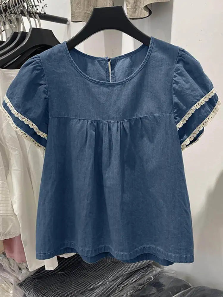 Camicia in denim con pizzo e toppe Zanzea – Maglia estiva informale per donne