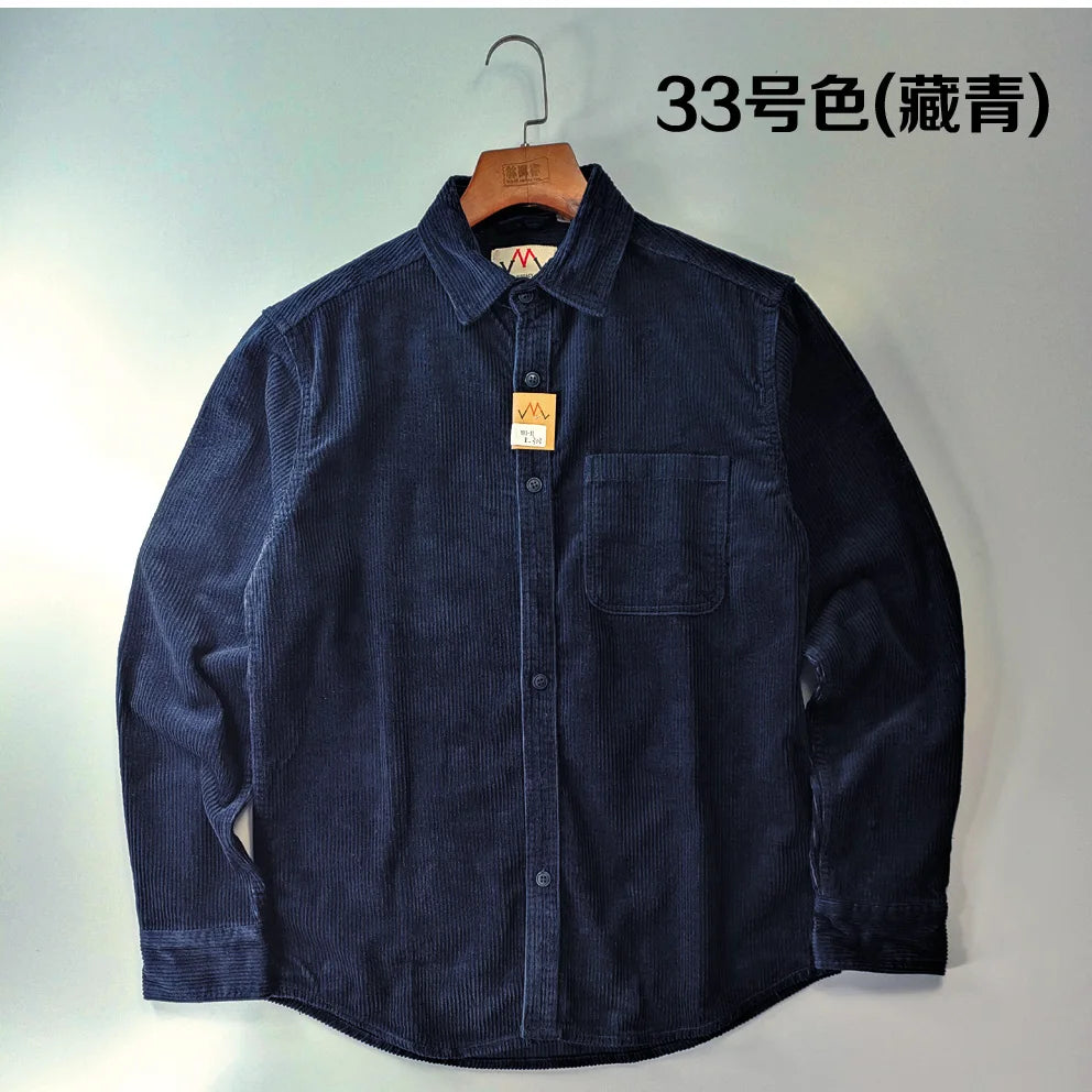 Vintage Retro Corduroy Button-Down Shirt Men –  Cotton Long Sleeve