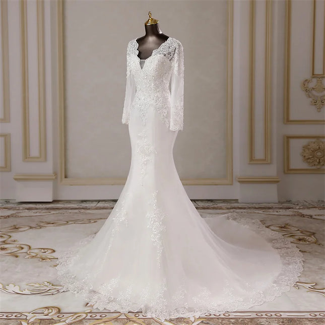 Custom Long‑Sleeve Mermaid Wedding Dress with Lace Appliqués