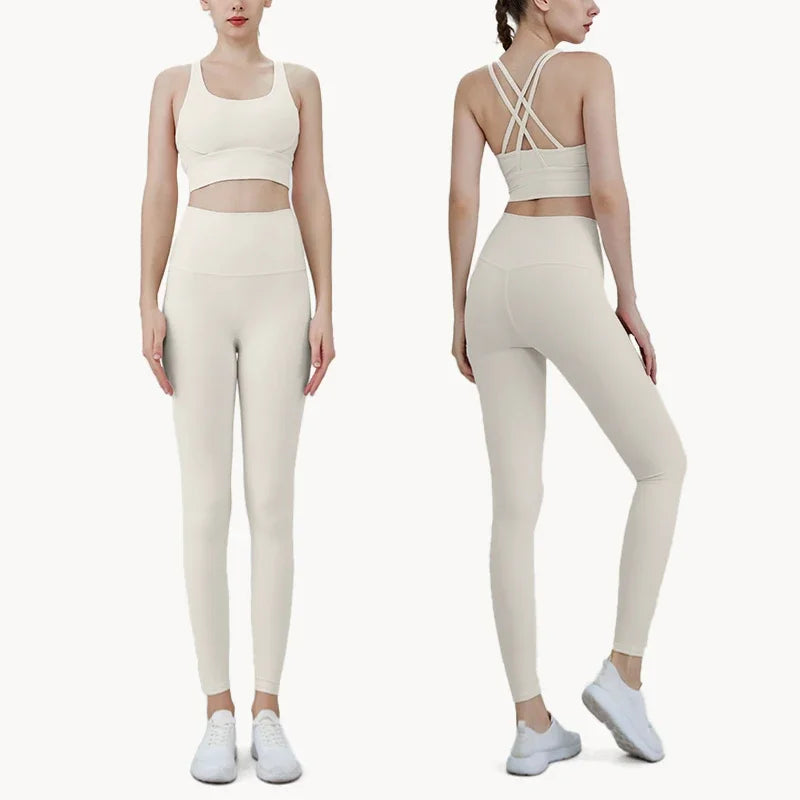 Summer New 2 Piece Yoga Clothes Women's Tracksuit Athletic Cross Back Nylon Yoga Top Women Sports Bra Leggings Pilates Fitness-HighTouch