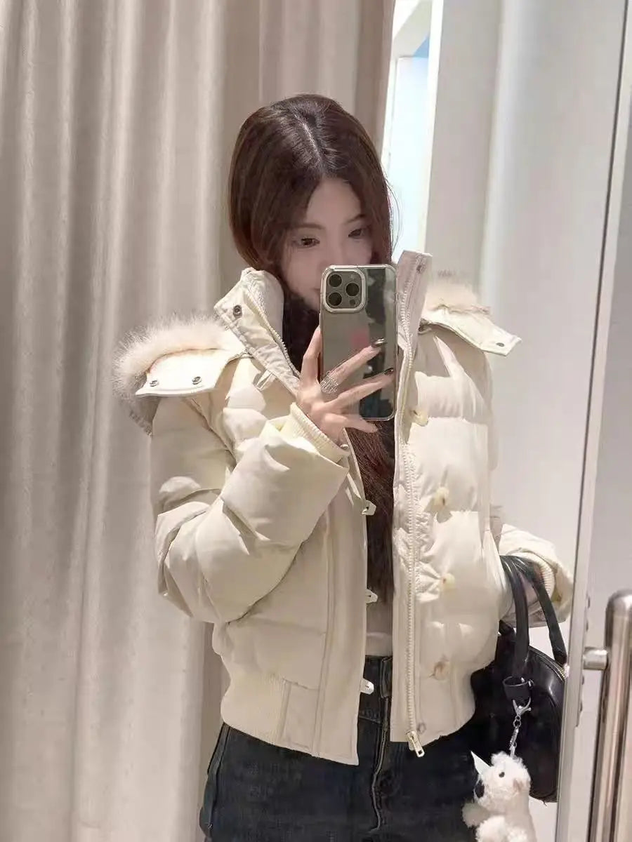 Winter Puffer Coat Women Fur Collar Hooded Cotton Padded Jacket