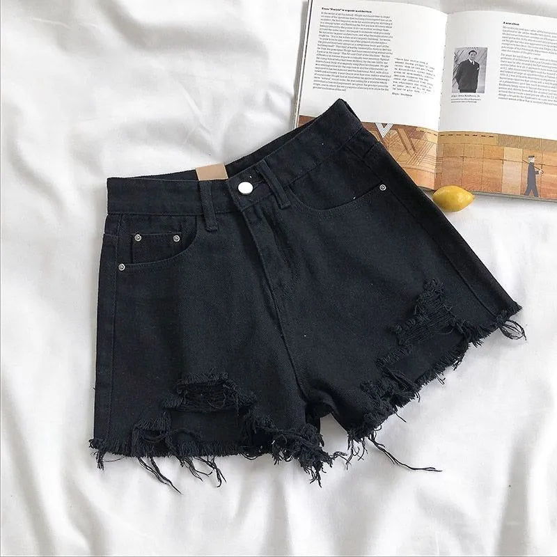 High‑Waist Tassel Ripped Denim Shorts – Y2K Streetwear Essentials-HighTouch