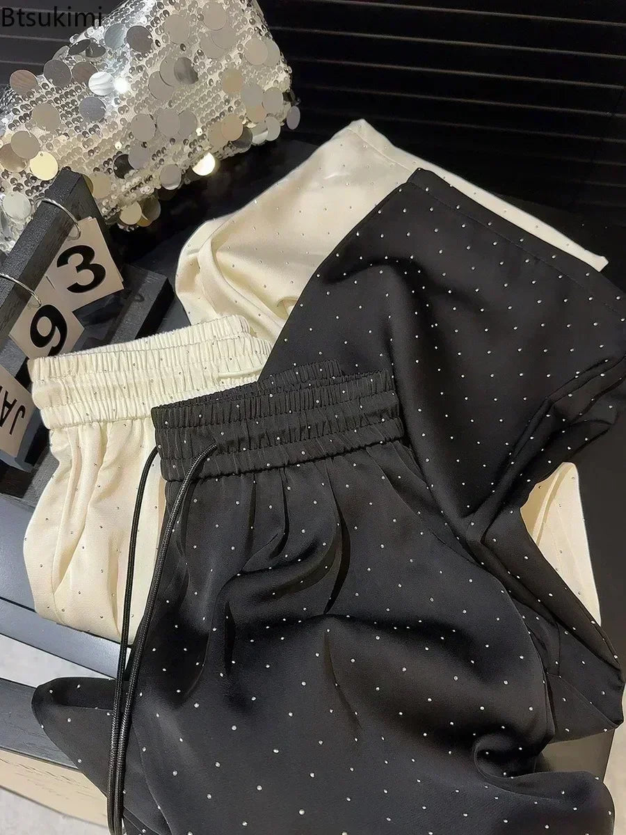 uxury High-Waist Rhinestone Wide-Leg Pants – Elegant Casual 2025
