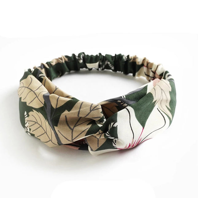 Vintage Boho Printed Cross Turban Headband – Wide Stretchy Fabric Band