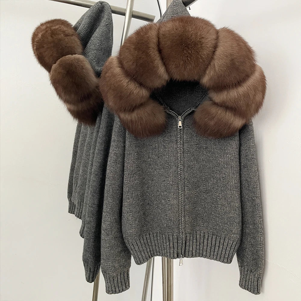 Women’s Hooded Knit Cardigan with Real Fox Fur – Casual Short Coat-HighTouch