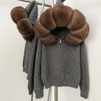 Women’s Hooded Knit Cardigan with Real Fox Fur – Casual Short Coat-HighTouch