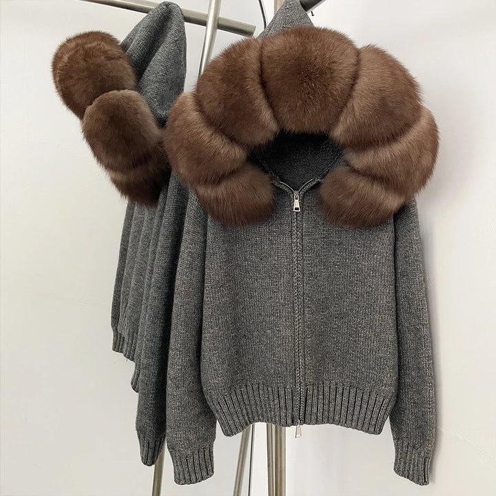 Women’s Hooded Knit Cardigan with Real Fox Fur – Casual Short Coat-HighTouch