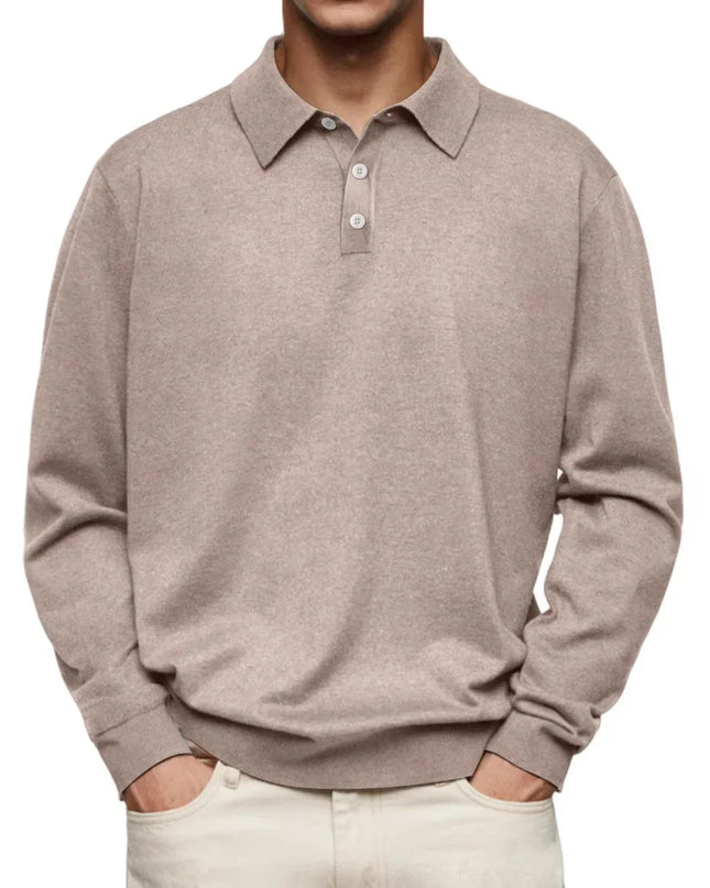 Men’s Long-Sleeve V-Collar Solid Polo Shirt – Loose Fit Casual Knitwear