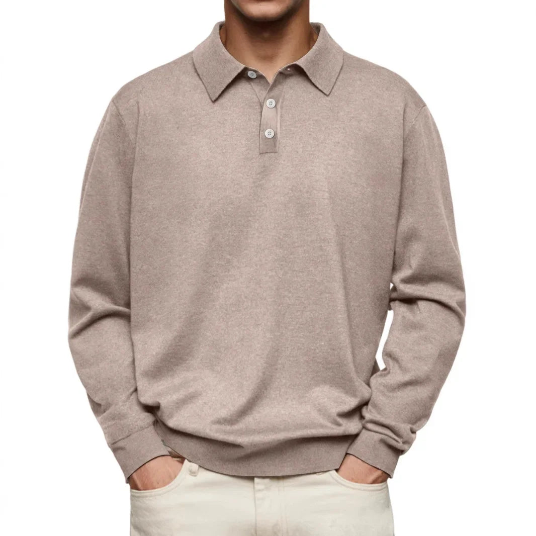 Men’s Long-Sleeve V-Collar Solid Polo Shirt – Loose Fit Casual Knitwear