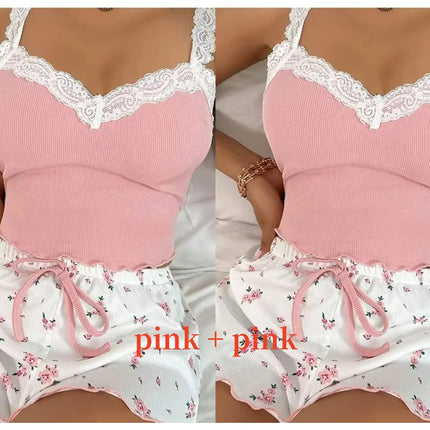 Women’s Pink Lace Patchwork Camisole & Shorts Pajama Set – Sexy Lounge Sleepwear