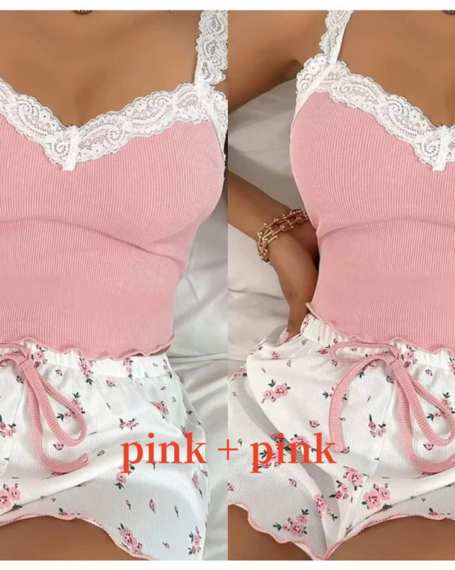 Women’s Pink Lace Patchwork Camisole & Shorts Pajama Set – Sexy Lounge Sleepwear