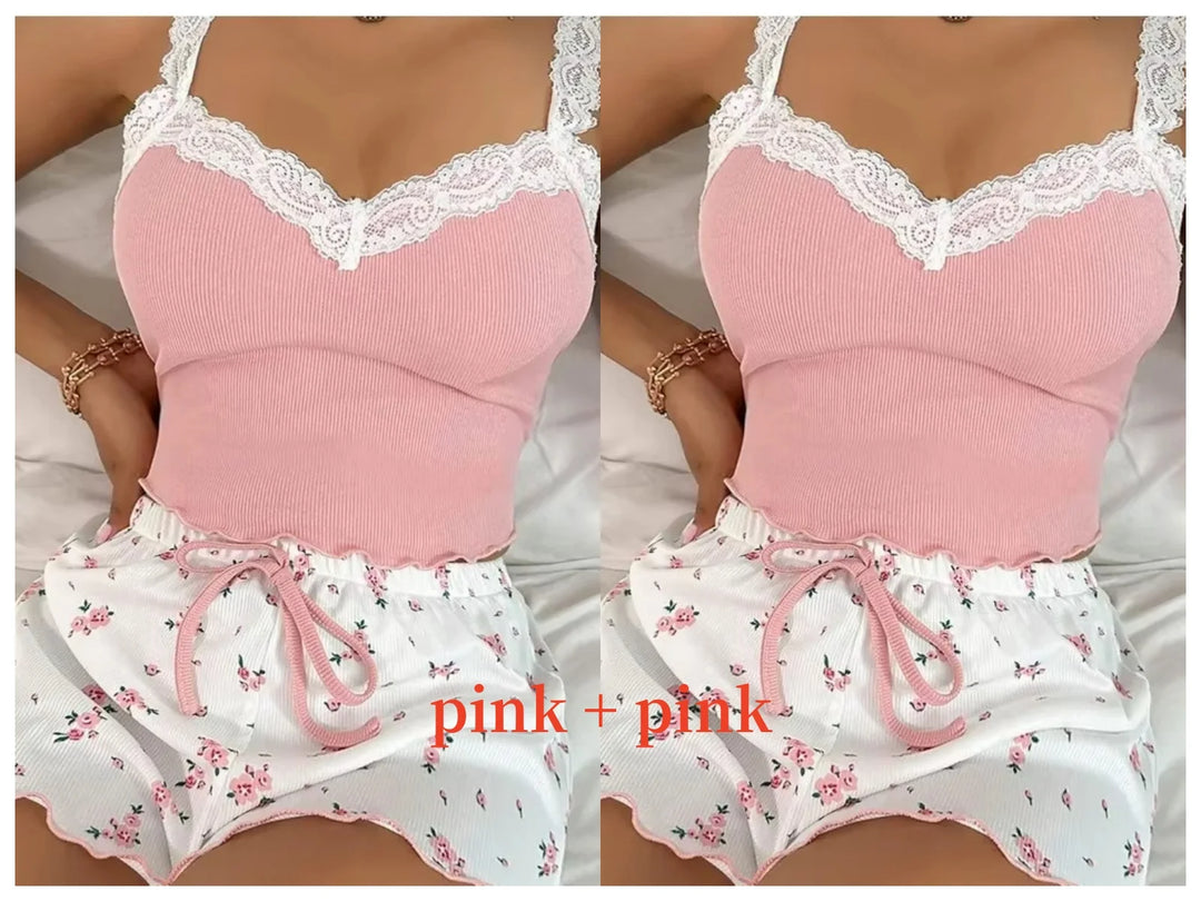 Women’s Pink Lace Patchwork Camisole & Shorts Pajama Set – Sexy Lounge Sleepwear-HighTouch