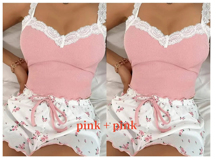 Women’s Pink Lace Patchwork Camisole & Shorts Pajama Set – Sexy Lounge Sleepwear-HighTouch