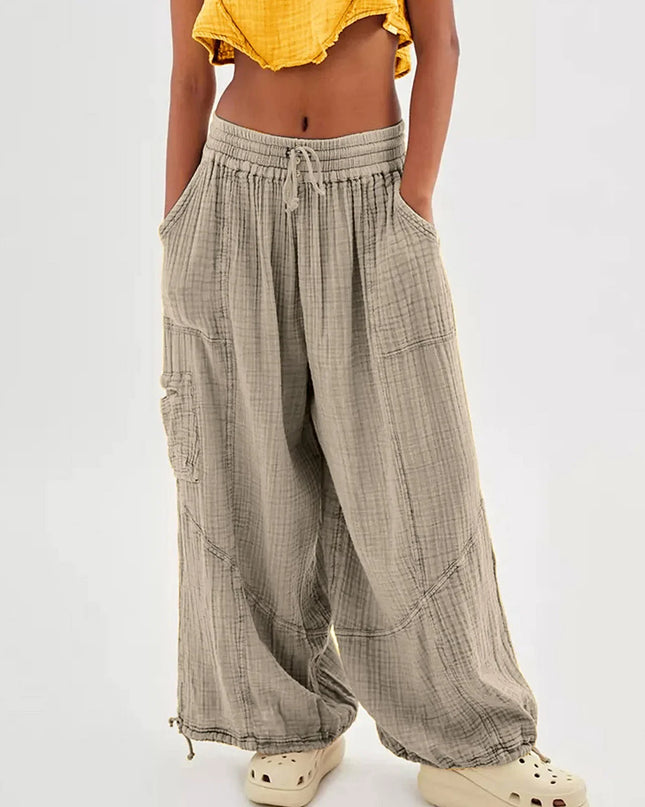Beach Linen Wide-Leg Pants – High-Waist Palazzo Loose Harem Pants with Pockets