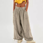 Beach Linen Wide-Leg Pants – High-Waist Palazzo Loose Harem Pants with Pockets-HighTouch