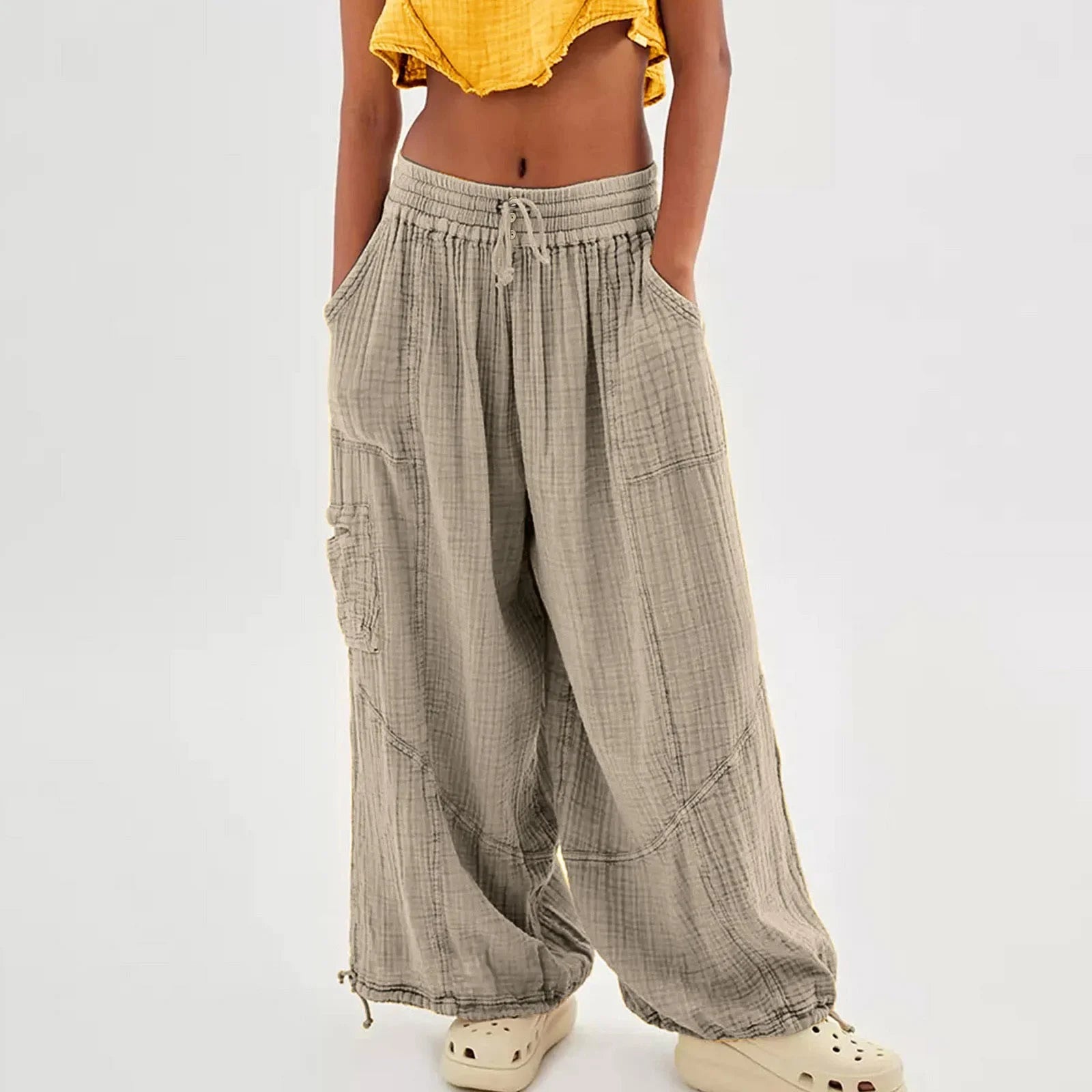 Beach Linen Wide-Leg Pants – High-Waist Palazzo Loose Harem Pants with Pockets