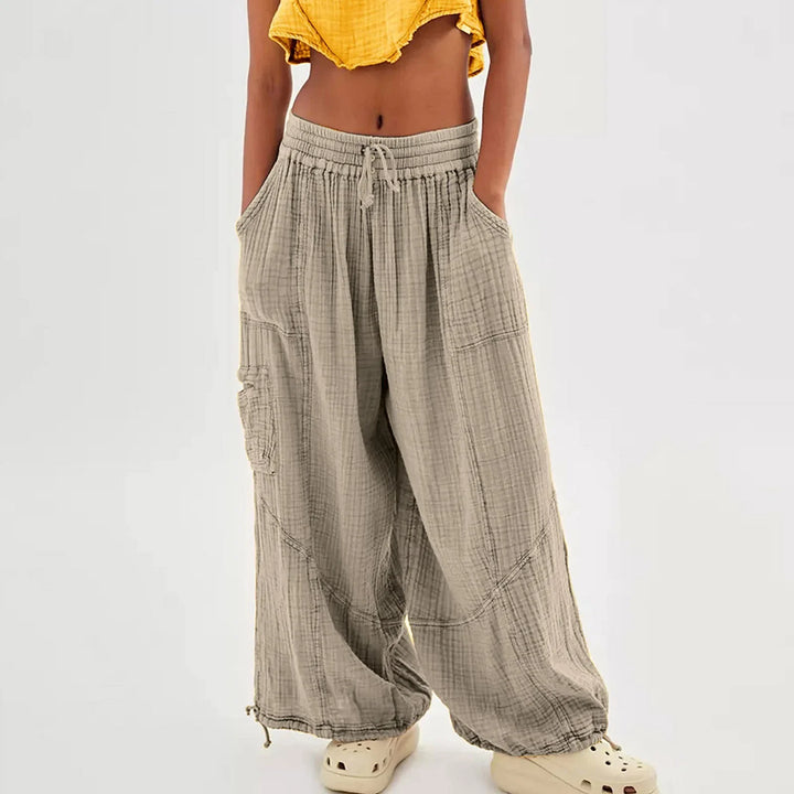Beach Linen Wide-Leg Pants – High-Waist Palazzo Loose Harem Pants with Pockets-HighTouch