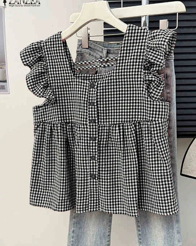 Plaid Ruffle Sleeveless Tunic – Women’s Summer Square Neck Camisole