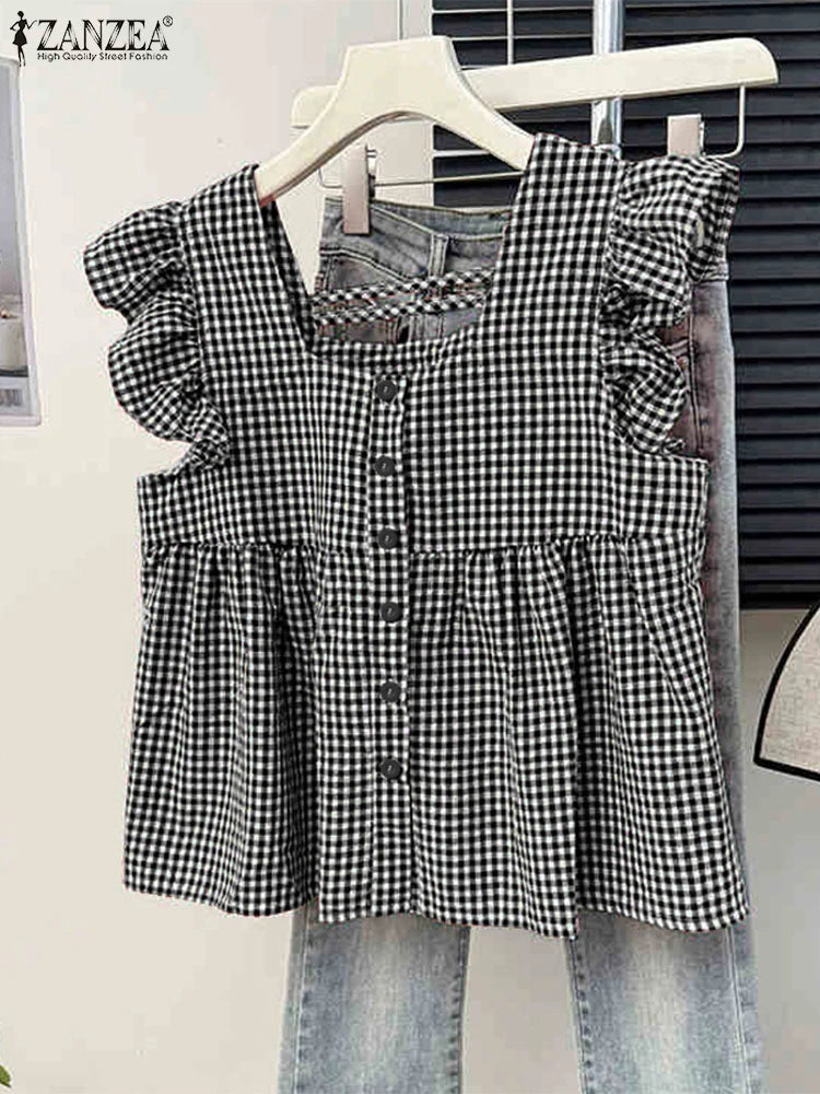 Plaid Ruffle Sleeveless Tunic – Women’s Summer Square Neck Camisole-HighTouch