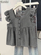 Plaid Ruffle Sleeveless Tunic – Women’s Summer Square Neck Camisole-HighTouch